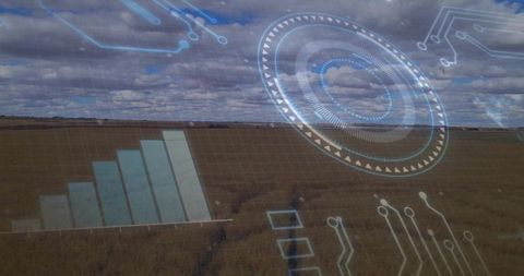 Holographic Technology Interface Over Farmland Landscape