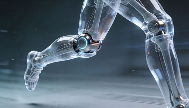 Transparent robotic legs revealing illuminated knee joint and exposed actuators in motion