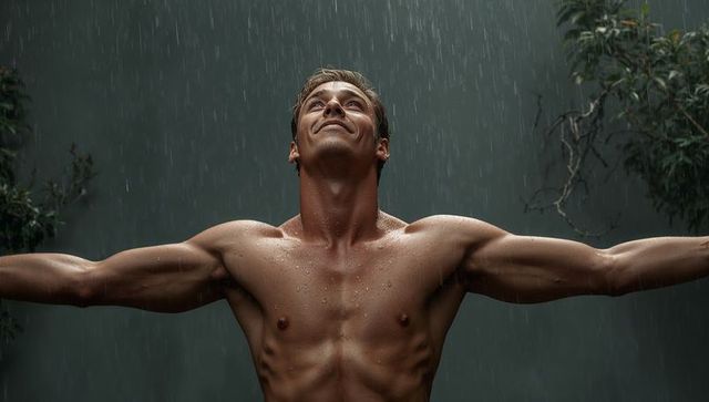 Muscular man embracing rain with arms outstretched showing athletic wet torso