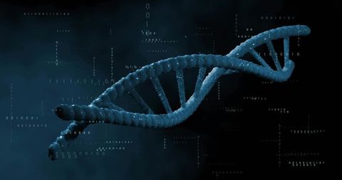 Cyan dna double helix rotating in futuristic virtual 3d scene with binary data overlay