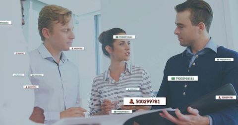 Woman leading team reviewing documents with digital id tags and collaboration overlays