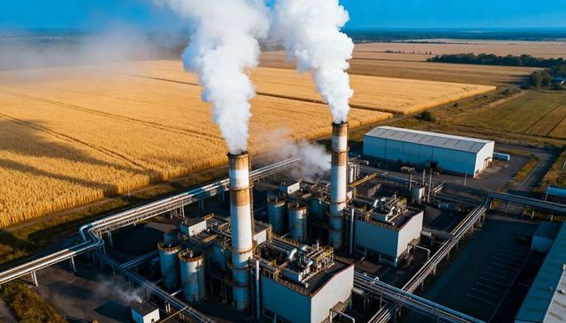 Industrial plant emitting white plumes over golden crop fields from aerial view