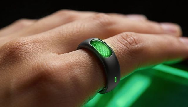 Matte smart ring with green led glowing on adult finger macro closeup technology accessory