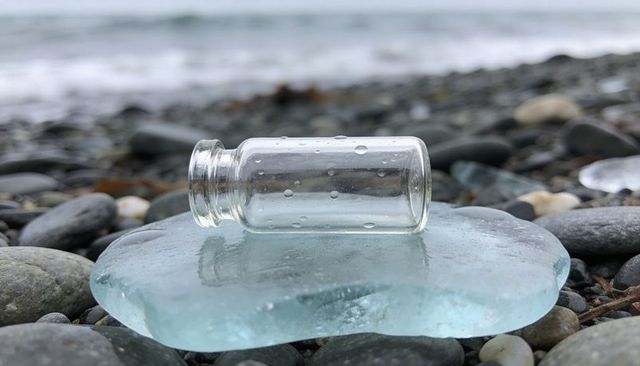 Clear glass vial lying on aquamarine sea glass on pebble shore with water droplets closeup