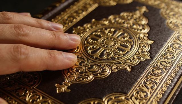 Hand tracing gilded embossed leather book cover closeup vertical video antique detail