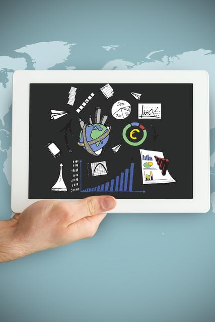Hand holding white tablet showing various business graphics, financial charts, and a world globe on the screen. Ideal for themes related to technology, global business, finance, data analysis, and digital strategy. Useful for websites, presentations, blogs, and publications that cover business and technology topics.