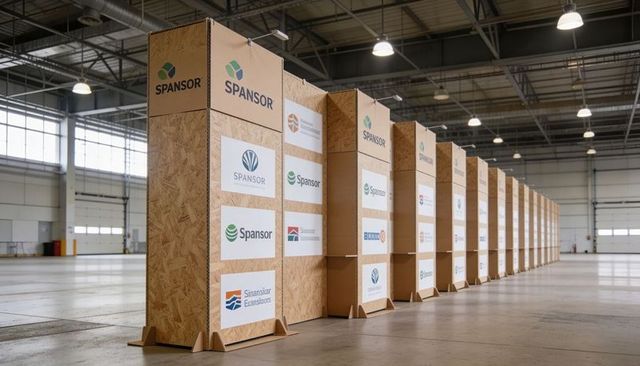 Modular osb expo booths forming long row in industrial warehouse with sponsor logos