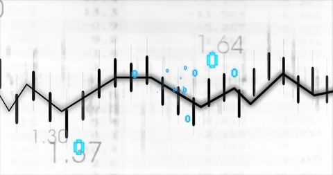 Zigzag financial trend line with candlesticks and cyan markers on minimal gray background