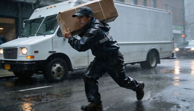 Courier running through heavy rain carrying package past delivery truck