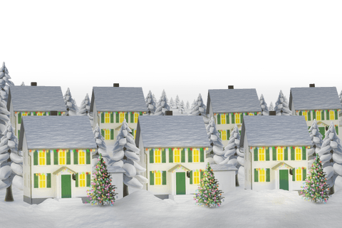 Transparent Illustration of Snowy Cottages with Christmas Lights