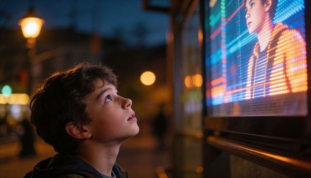 Gazing schoolboy watching colorful led display at nighttime bus shelter, urban wonder