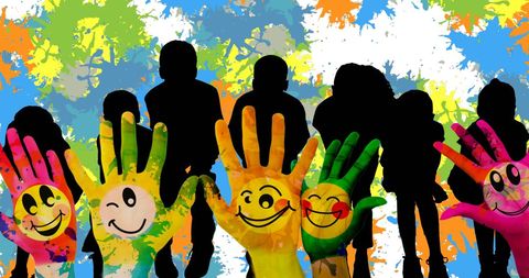 Vibrant Expression of Children's Joy with Painted Smiley Hands