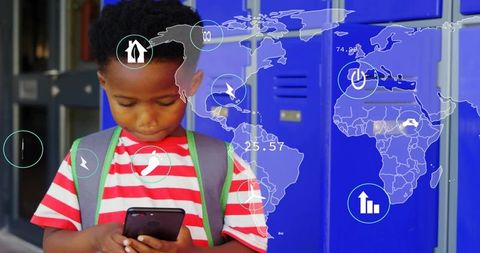 Schoolchild using smartphone at lockers with global data overlay and analytics concept