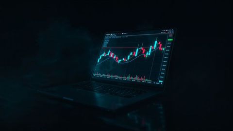 Digital candlestick chart on laptop with dark aesthetic for online trading