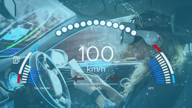 This image captures a woman using a VR headset while engaging with technology-enhanced features inside an electric car. The digital speedometer and augmented reality interfaces reflect advancements in autonomous driving and smart vehicle technologies. Suitable for use in articles or promotions related to automotive innovations, sustainable transportation, and virtual reality applications in everyday life.