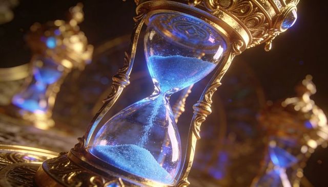 Ornate gold hourglass with glowing blue sand, filigree engraving and jewel accents