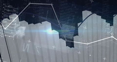 Virtual 3d financial dashboard showing dynamic bar charts, line trends and city skyline