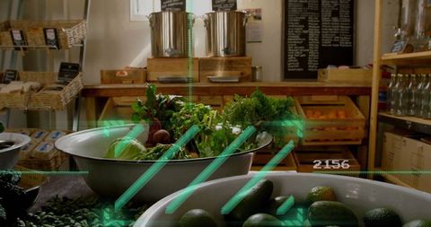 Rustic food market display with organic produce and chalkboard menus