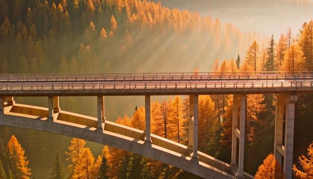 Golden Hour Concrete Viaduct Arcing Over Forested Mountain Valley with Mist and Sunbeams