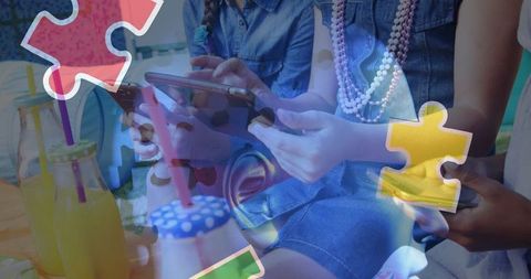 Children with Tablets and Puzzle Icons Promoting Autism Awareness