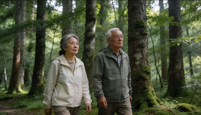 Senior couple walking mossy forest trail wearing outdoor jackets with backpacks enjoying nature hike