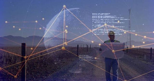 Technician analyzing data with digital overlay outdoors at dawn