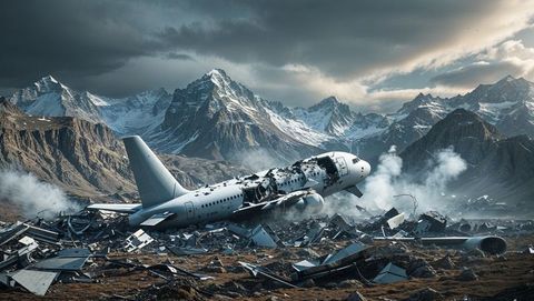 Plane crash wreckage in rocky mountain valley
