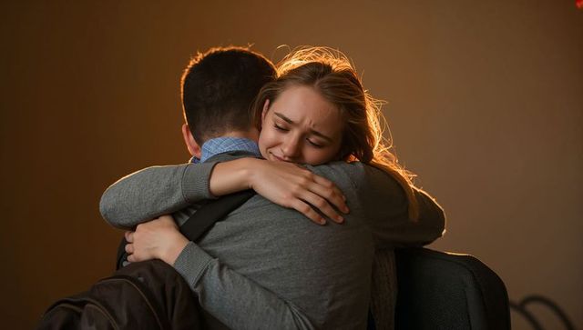 Backlit couple embracing tightly in waiting area conveying tenderness, comfort and reunion