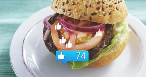 Seeded Burger with Social Media Engagement Concept Overlay on Turquoise Background