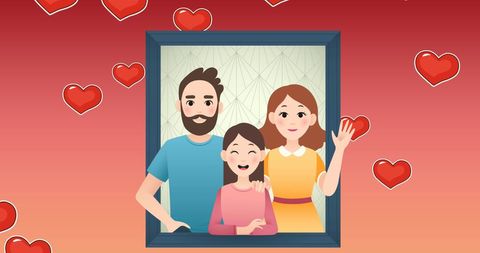 Illustration of happy family portrait with hearts symbolizing love