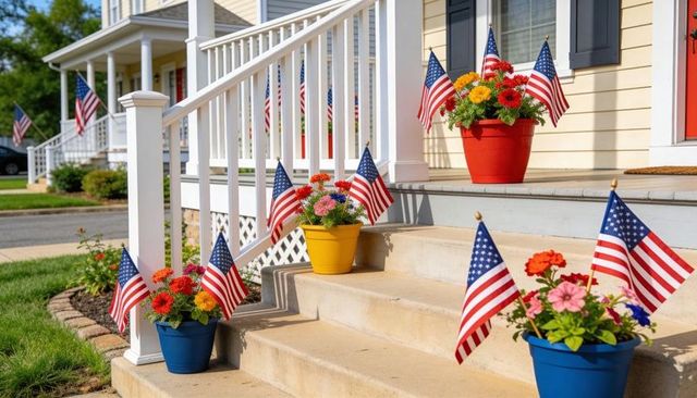 Patriotic porch with red white blue potted flowers and american flags for summer decor