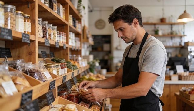 Artisan grocer restocking wooden shelves with jars and produce in rustic boutique market