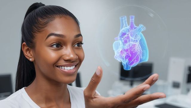 Smiling medical professional holding holographic 3d heart above palm in research lab