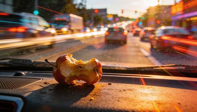 Half-eaten apple on car dashboard at dusk with urban light trails and motion blur