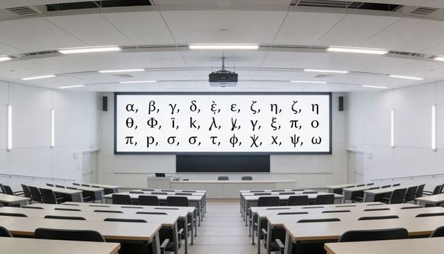 Displaying greek alphabet on large screen in modern university lecture hall for teaching
