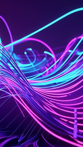 Vertical video neon filaments undulating and flowing into glowing waves futuristic abstract motion