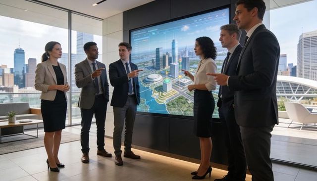 Executive team presenting smart city 3d display in modern high-rise boardroom with waterfront view