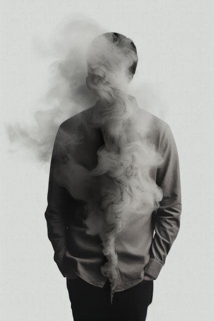 Man with face covered by smoke on grey background, created using generative ai technology. Faceless person, anonymity and colour concept digitally generated image.