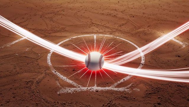 Dynamic baseball with swirling light trails on clay infield