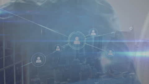 Global Network Connections Over Cityscape and Clouds