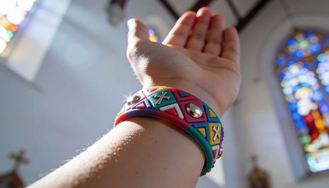 Raising wrist with colorful cross bracelet in sunlit church with stained glass window