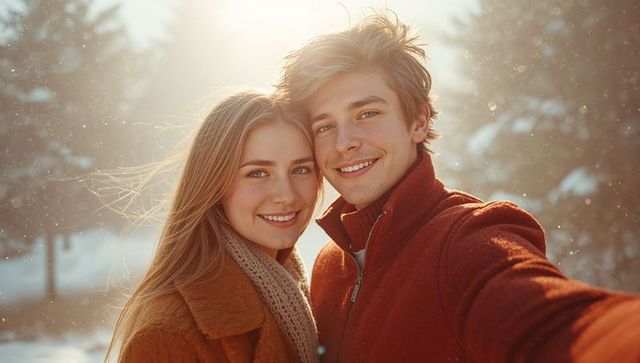 Young Couple Taking Selfie in Snowy Winter Wonderland