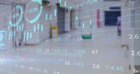 Financial data overlay projecting on blurred clinic corridor, futuristic analytics