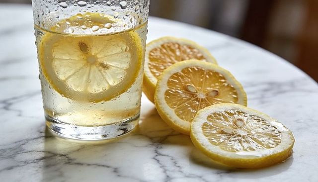Refreshing lemon water glass with condensation and dewy lemon slices on marble