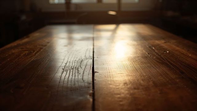 Sunlit rustic wood tabletop with rich grain, gloss varnish, seam planks and reflections
