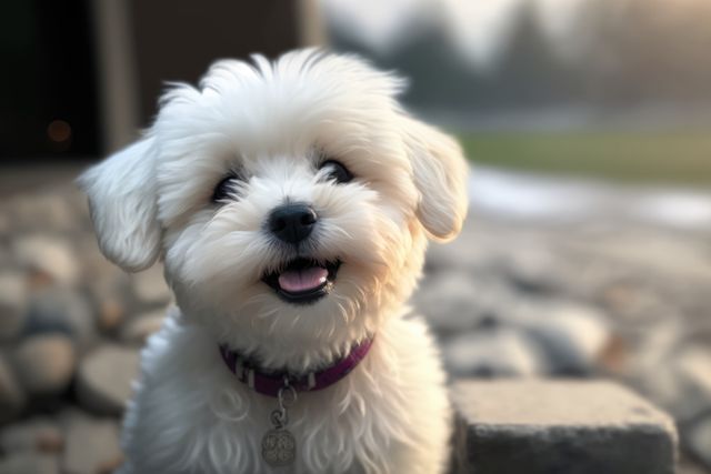 Adorable fluffy white puppy smiling at the camera with a collar. Perfect for pet care products, promotions, and advertisements. Ideal for social media content, blogs, websites on pet adoption, and companionship.