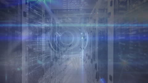 Futuristic Data Processing Overlay on Eye in Server Room