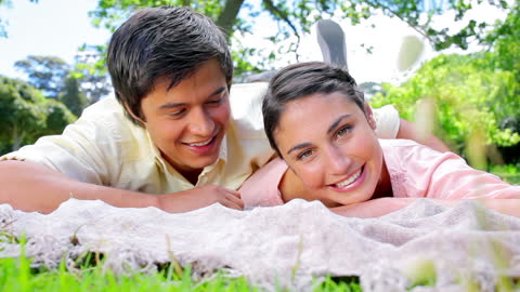 Happy Couple Relaxing on Blanket in Sunny Meadow