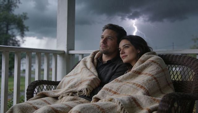 Couple snuggling under plaid blanket watching lightning storm on porch