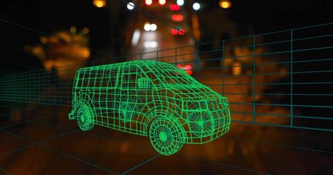 Neon Green Wireframe Van Hovering Over Nighttime Urban Road with Futuristic Holographic Grid